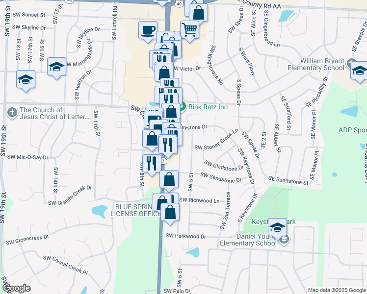 map of restaurants, bars, coffee shops, grocery stores, and more near 1620 Southwest 6th Street in Blue Springs