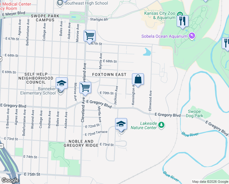 map of restaurants, bars, coffee shops, grocery stores, and more near 4039 East 69 Terrace in Kansas City