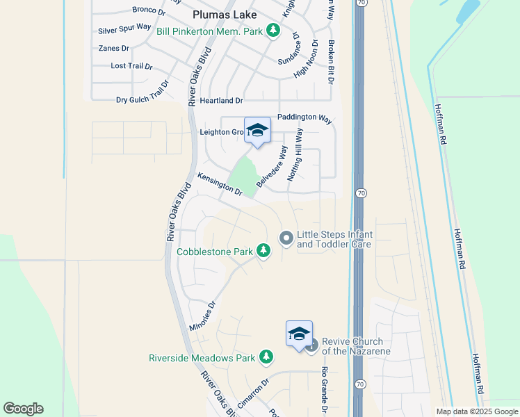 map of restaurants, bars, coffee shops, grocery stores, and more near 1329 kensington Drive in Plumas Lake