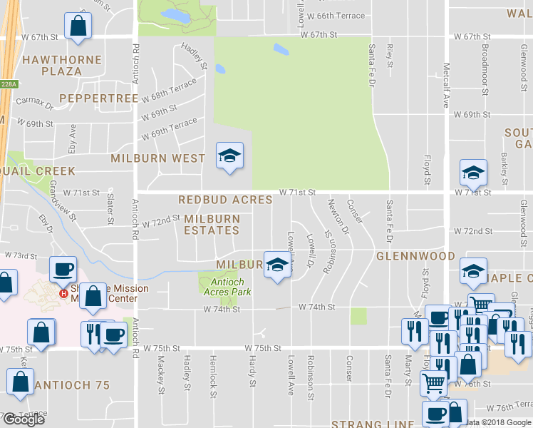 map of restaurants, bars, coffee shops, grocery stores, and more near 7128 Craig Street in Overland Park