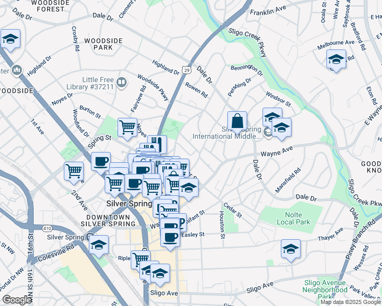 map of restaurants, bars, coffee shops, grocery stores, and more near 19 Ellsworth Heights Street in Silver Spring
