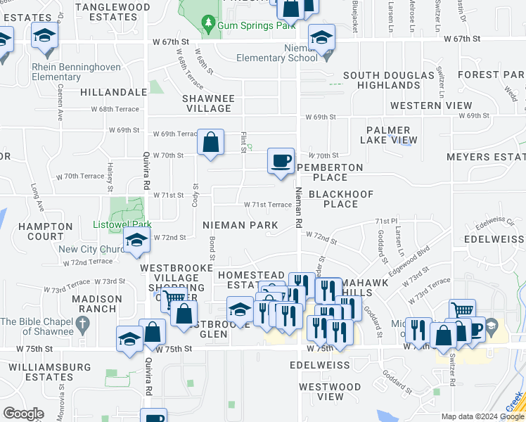map of restaurants, bars, coffee shops, grocery stores, and more near 7122 King Street in Shawnee