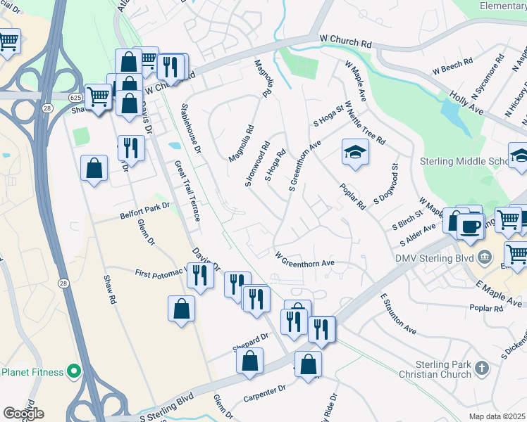 map of restaurants, bars, coffee shops, grocery stores, and more near 1049 South Ironwood Road in Sterling