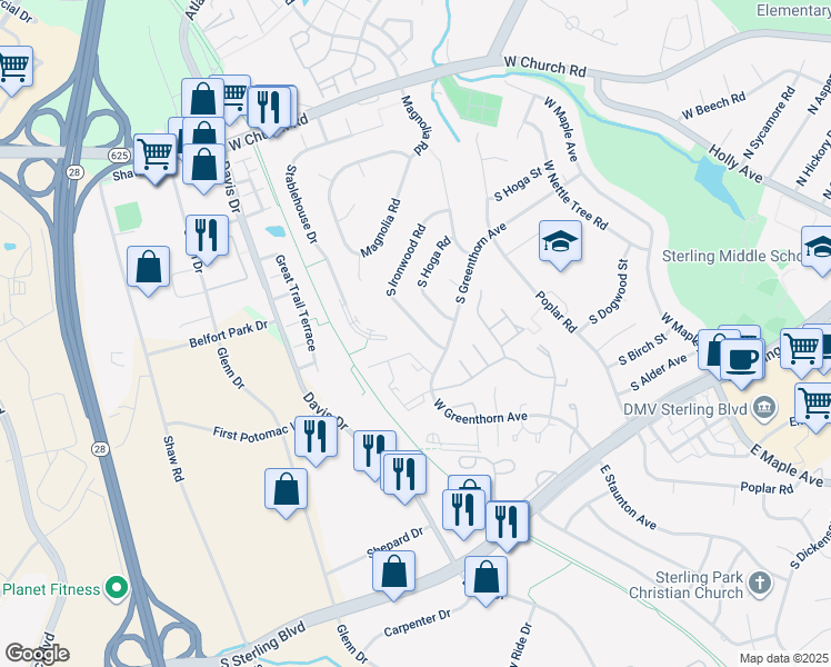 map of restaurants, bars, coffee shops, grocery stores, and more near 1049 South Ironwood Road in Sterling
