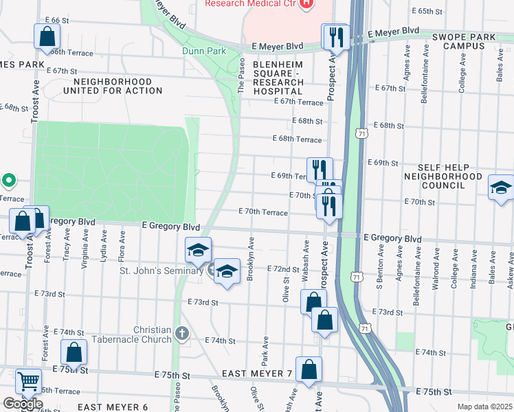 map of restaurants, bars, coffee shops, grocery stores, and more near 2127 East 70th Street in Kansas City