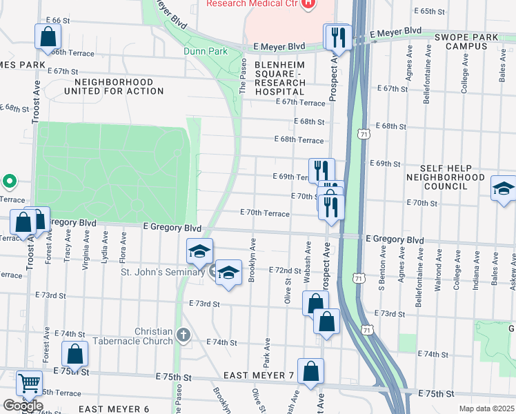 map of restaurants, bars, coffee shops, grocery stores, and more near 2127 East 70th Street in Kansas City