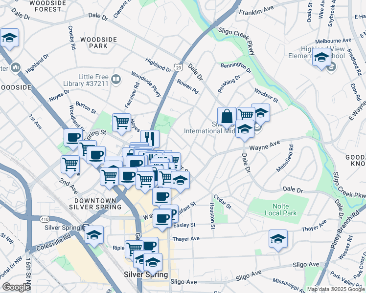 map of restaurants, bars, coffee shops, grocery stores, and more near 17 Ellsworth Heights Street in Silver Spring