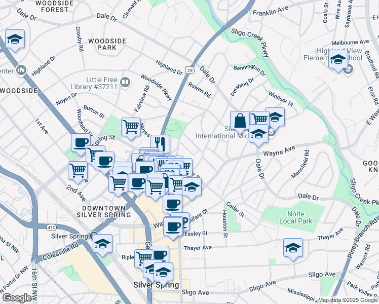 map of restaurants, bars, coffee shops, grocery stores, and more near 642 Ellsworth Drive in Silver Spring