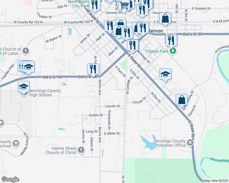 map of restaurants, bars, coffee shops, grocery stores, and more near 208 Myrtle Street in North Vernon