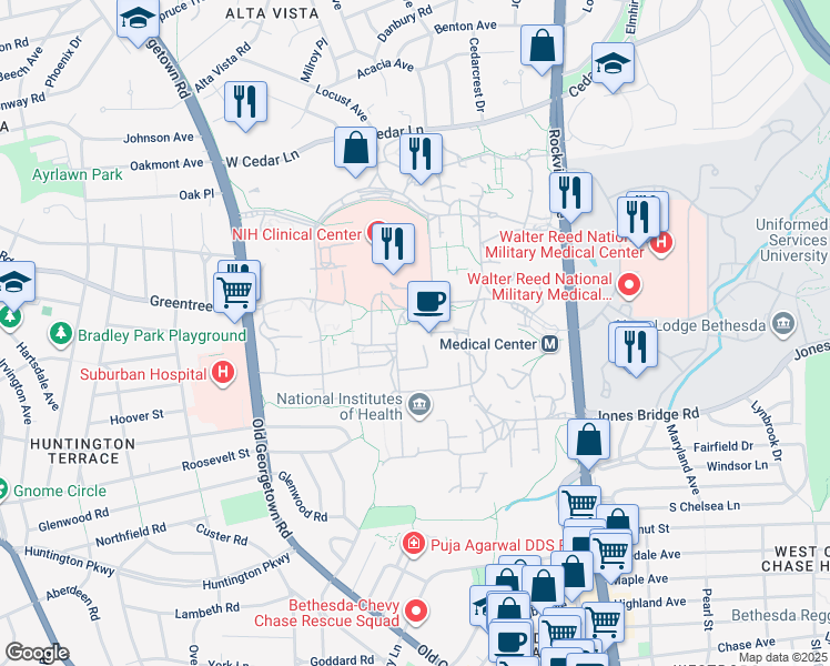 map of restaurants, bars, coffee shops, grocery stores, and more near 9000 Rockville Pike in Bethesda
