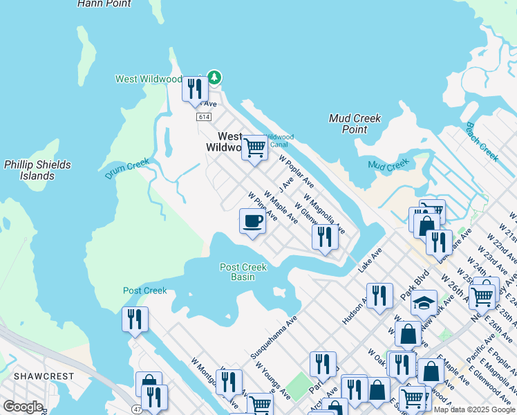 map of restaurants, bars, coffee shops, grocery stores, and more near 644 West Pine Avenue in West Wildwood