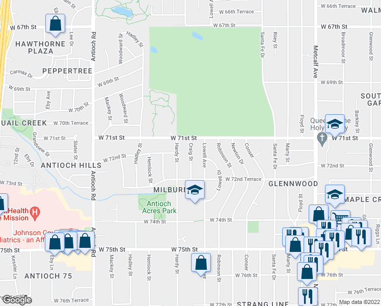 map of restaurants, bars, coffee shops, grocery stores, and more near 7126 Craig St in Overland Park