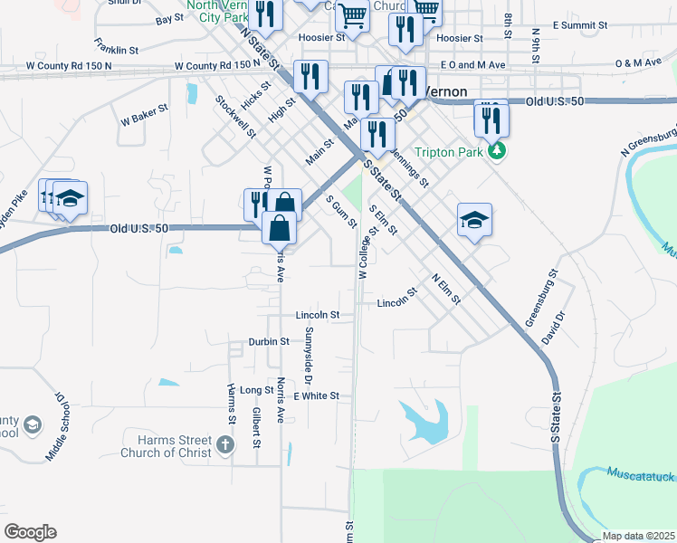 map of restaurants, bars, coffee shops, grocery stores, and more near 112 Myrtle Street in North Vernon