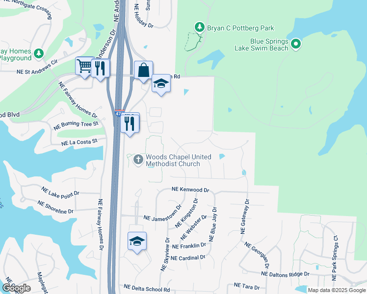 map of restaurants, bars, coffee shops, grocery stores, and more near 1251 Northeast Bowlin Road in Lee's Summit