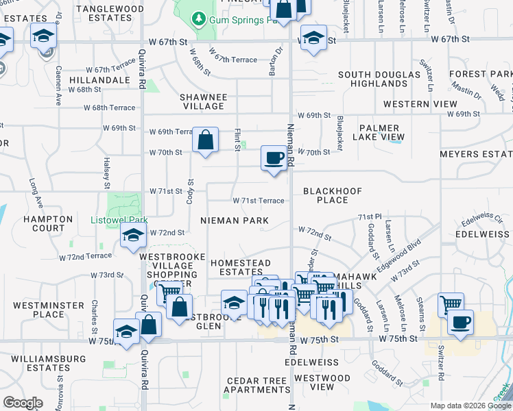 map of restaurants, bars, coffee shops, grocery stores, and more near 11202 West 71st Terrace in Shawnee