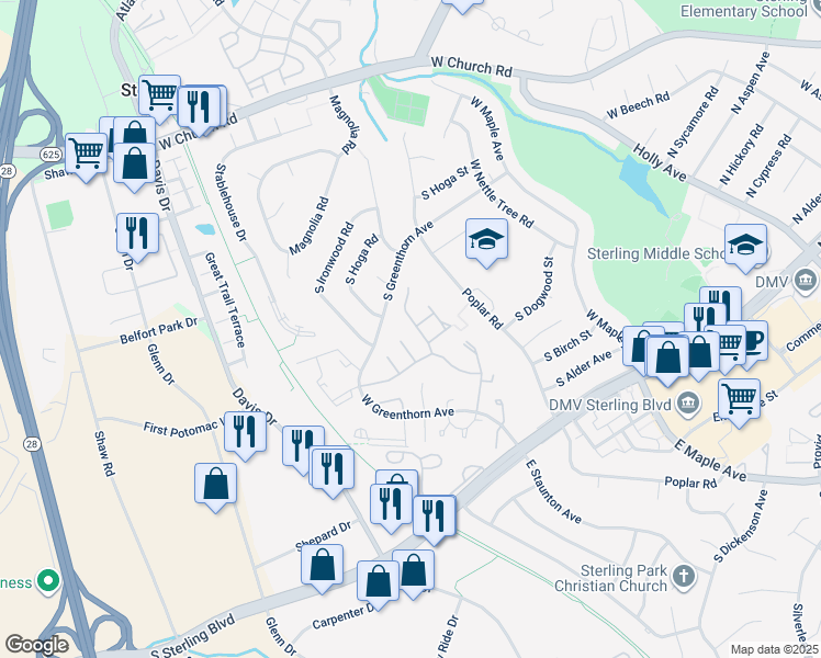map of restaurants, bars, coffee shops, grocery stores, and more near 1024 Temple Court in Sterling