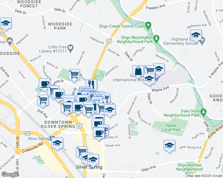 map of restaurants, bars, coffee shops, grocery stores, and more near 15 Ellsworth Heights Street in Silver Spring