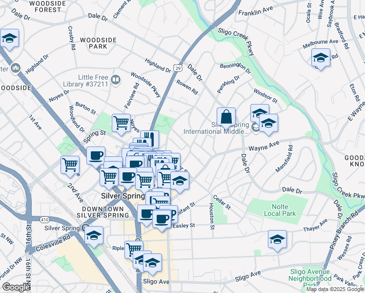 map of restaurants, bars, coffee shops, grocery stores, and more near 15 Ellsworth Heights Street in Silver Spring