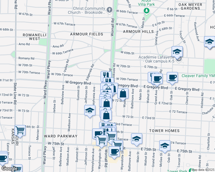 map of restaurants, bars, coffee shops, grocery stores, and more near 7100 Wornall Road in Kansas City