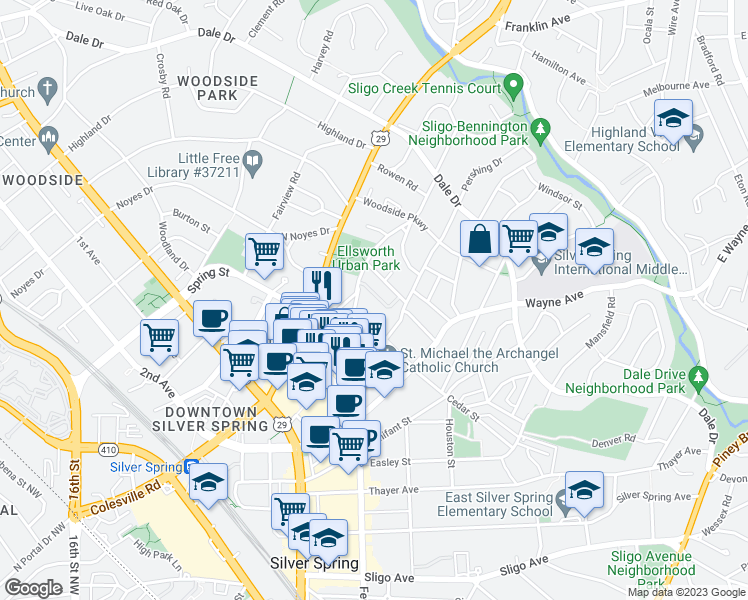 map of restaurants, bars, coffee shops, grocery stores, and more near 48 Ellsworth Heights Street in Silver Spring