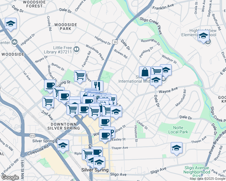map of restaurants, bars, coffee shops, grocery stores, and more near 48 Ellsworth Heights Street in Silver Spring