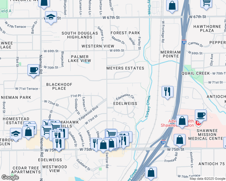 map of restaurants, bars, coffee shops, grocery stores, and more near 7101 Switzer Lane in Shawnee