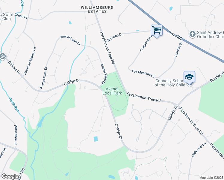 map of restaurants, bars, coffee shops, grocery stores, and more near 10051 Oaklyn Drive in Potomac