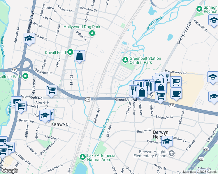 map of restaurants, bars, coffee shops, grocery stores, and more near 8000 Greenbelt Station Parkway in Greenbelt