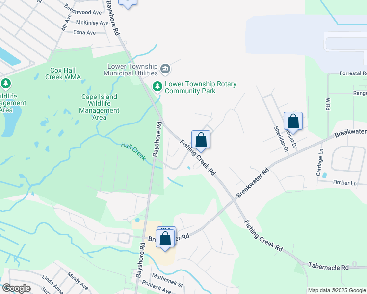 map of restaurants, bars, coffee shops, grocery stores, and more near 122 Fishing Creek Road in Cape May