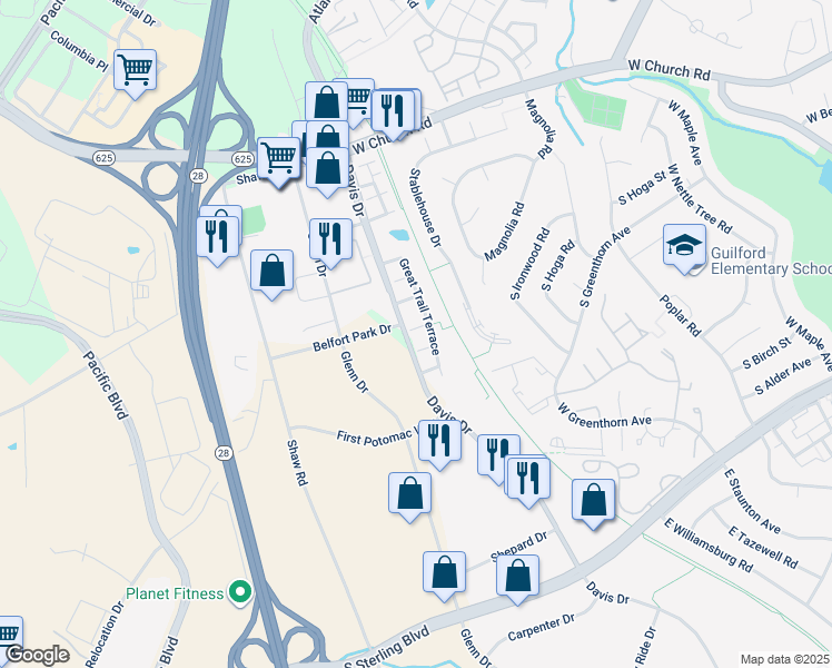 map of restaurants, bars, coffee shops, grocery stores, and more near 45501 Trail Run Terrace in Sterling