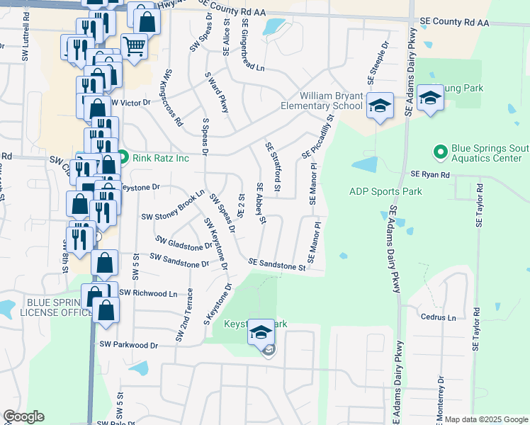 map of restaurants, bars, coffee shops, grocery stores, and more near 100 Southeast Cromwell in Blue Springs