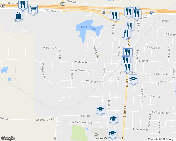 map of restaurants, bars, coffee shops, grocery stores, and more near 613 West Mason Street in Odessa