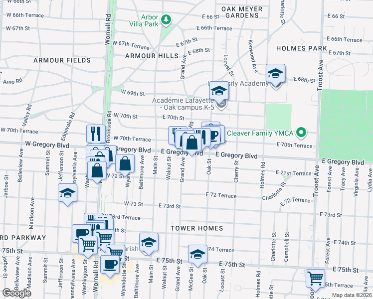 map of restaurants, bars, coffee shops, grocery stores, and more near 121 East 70th Terrace in Kansas City