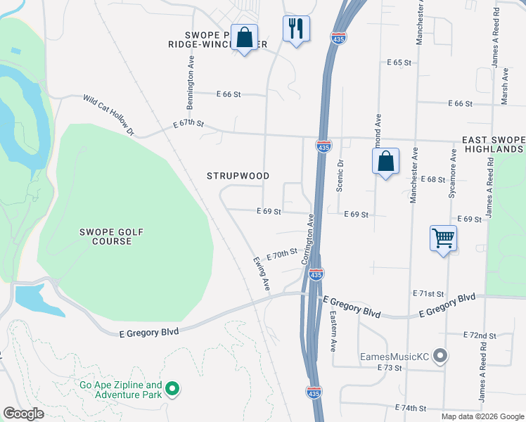 map of restaurants, bars, coffee shops, grocery stores, and more near 6838 Winchester Avenue in Kansas City