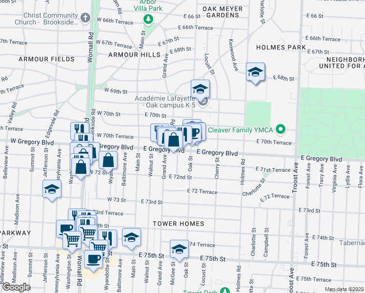 map of restaurants, bars, coffee shops, grocery stores, and more near 315 East 70th Terrace in Kansas City