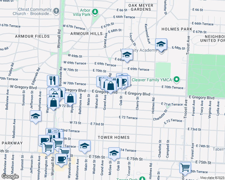 map of restaurants, bars, coffee shops, grocery stores, and more near 315 East 70th Terrace in Kansas City