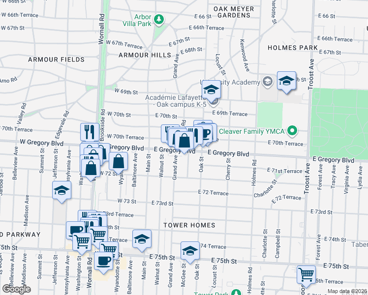 map of restaurants, bars, coffee shops, grocery stores, and more near 315 East 70th Terrace in Kansas City