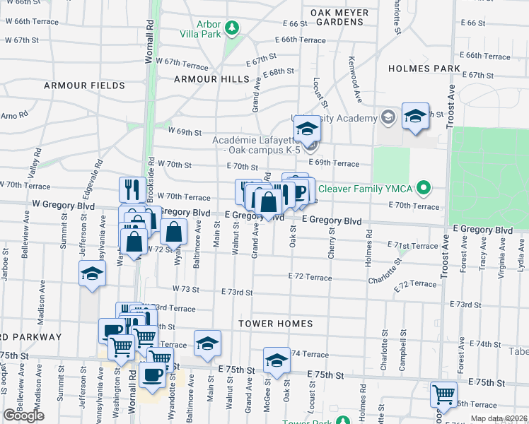 map of restaurants, bars, coffee shops, grocery stores, and more near 121 East 70th Terrace in Kansas City