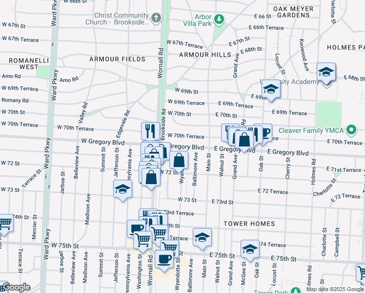 map of restaurants, bars, coffee shops, grocery stores, and more near 209 West 70th Terrace in Kansas City