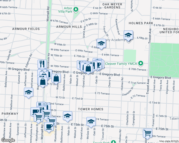 map of restaurants, bars, coffee shops, grocery stores, and more near 315 East 70th Terrace in Kansas City
