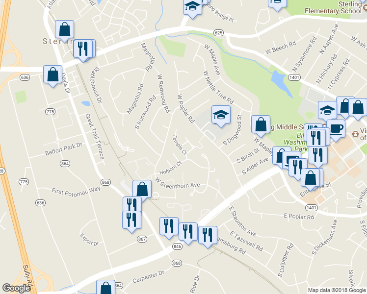 map of restaurants, bars, coffee shops, grocery stores, and more near 1081 Tottenham Court in Sterling