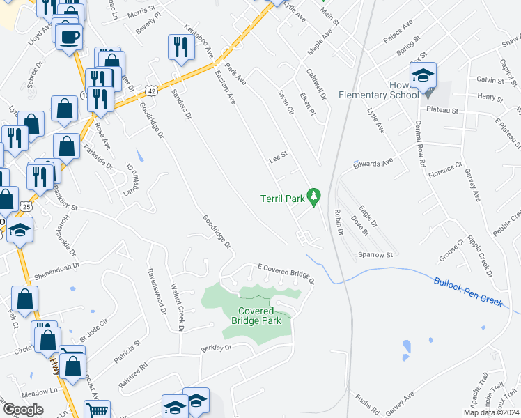 map of restaurants, bars, coffee shops, grocery stores, and more near 98 Sanders Drive in Florence