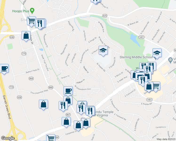 map of restaurants, bars, coffee shops, grocery stores, and more near 1079 Tottenham Court in Sterling
