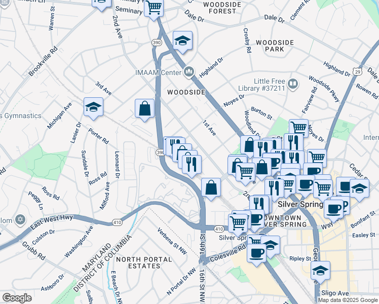 map of restaurants, bars, coffee shops, grocery stores, and more near 1606 North Springwood Drive in Silver Spring