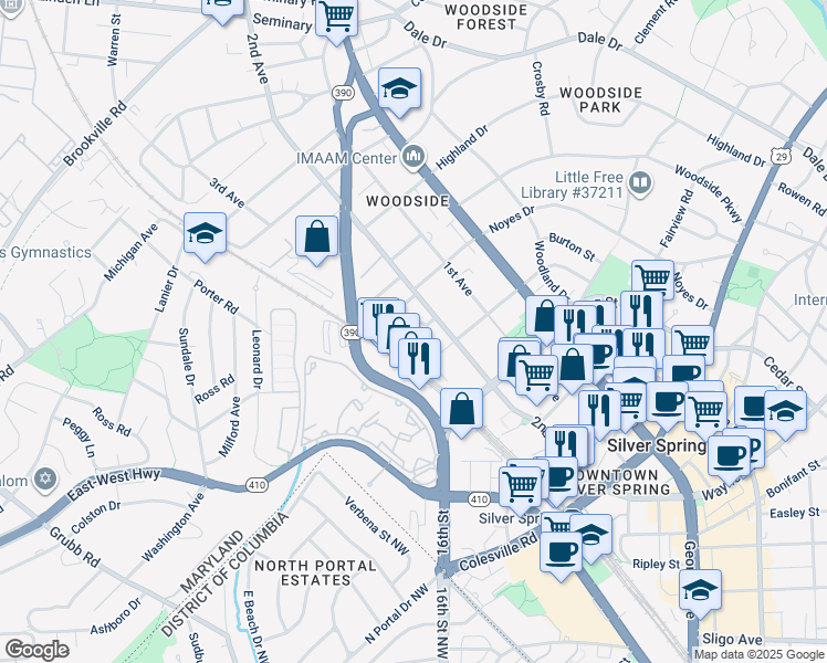 map of restaurants, bars, coffee shops, grocery stores, and more near 1606 North Springwood Drive in Silver Spring