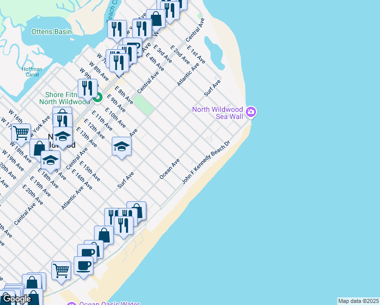 map of restaurants, bars, coffee shops, grocery stores, and more near in Wildwood