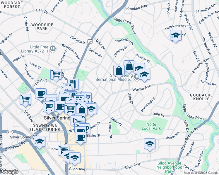 map of restaurants, bars, coffee shops, grocery stores, and more near 617 Greenbrier Drive in Silver Spring