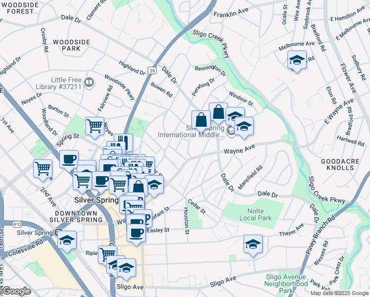 map of restaurants, bars, coffee shops, grocery stores, and more near 617 Greenbrier Drive in Silver Spring
