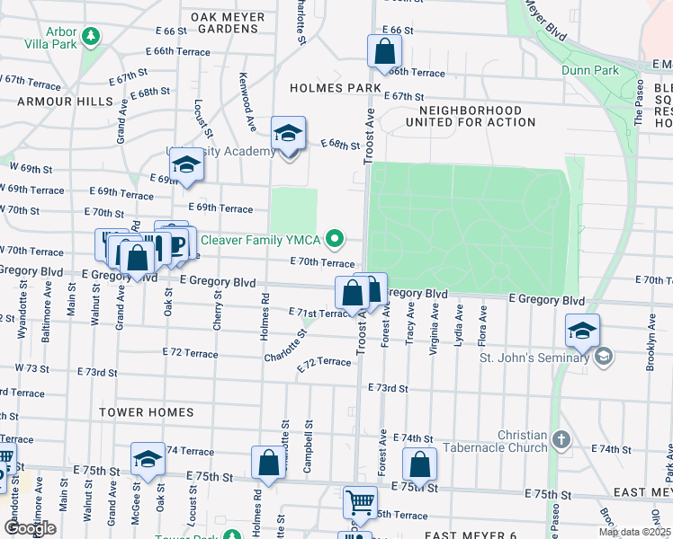 map of restaurants, bars, coffee shops, grocery stores, and more near 767 East 70th Terrace in Kansas City