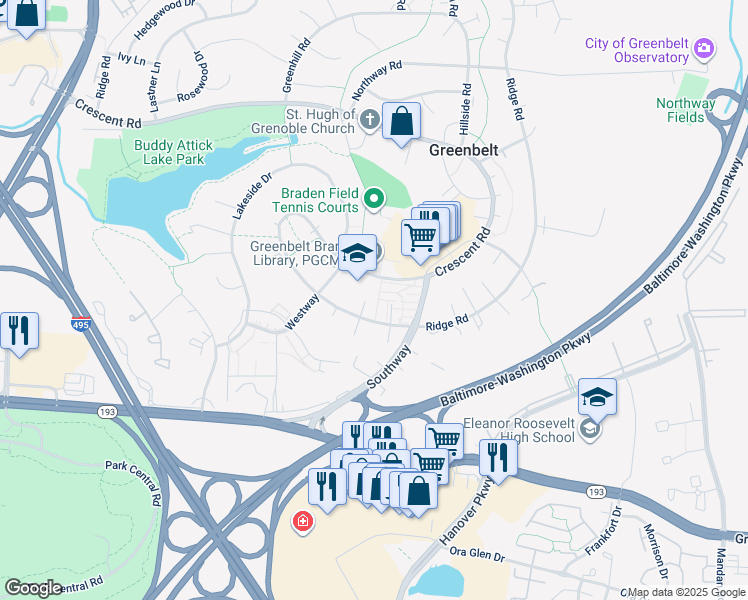 map of restaurants, bars, coffee shops, grocery stores, and more near 4 Southway in Greenbelt